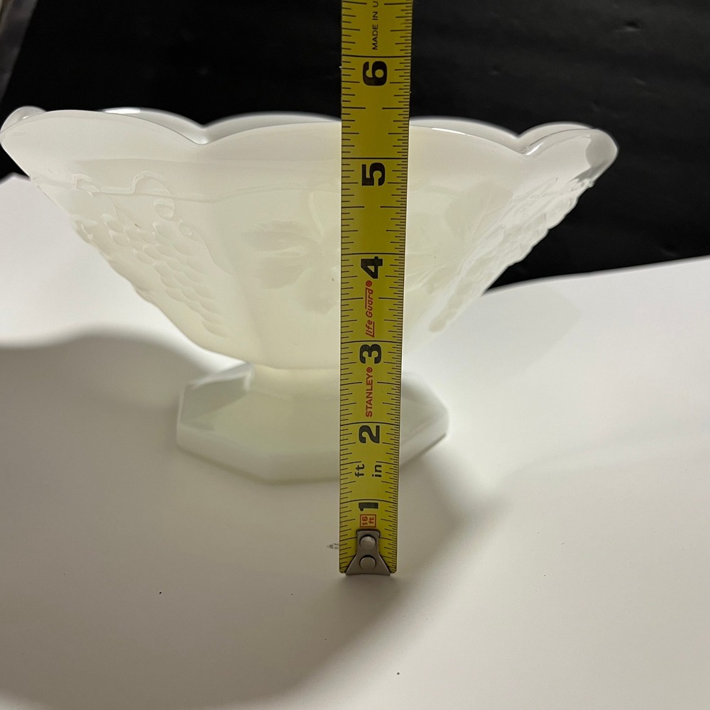 Vintage Milk Glass Paneled Grape Footed Bowl Scalloped Pedestal 8.5 Inch - Picture 4 of 9